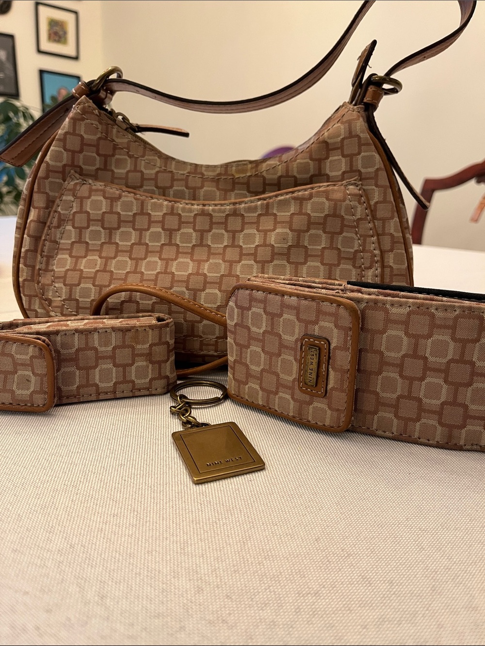 Nine West Beige/Tan Geometric Pattern Shoulder Bag with Wallet & Accessories